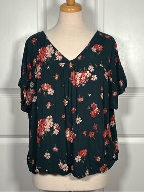 Madewell Dark Green Floral V-Neck Top with Pink & Red Blooms